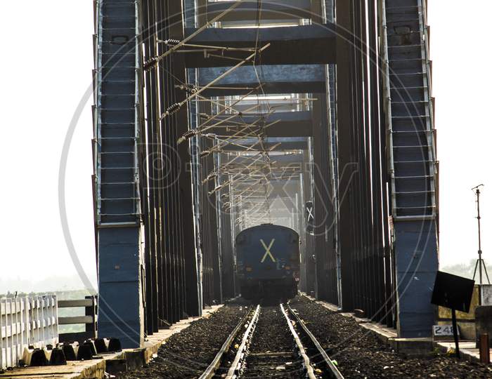 Railway Track Line At Rajahmundry Arch Bridge Over Godavari River In Rajahmundry