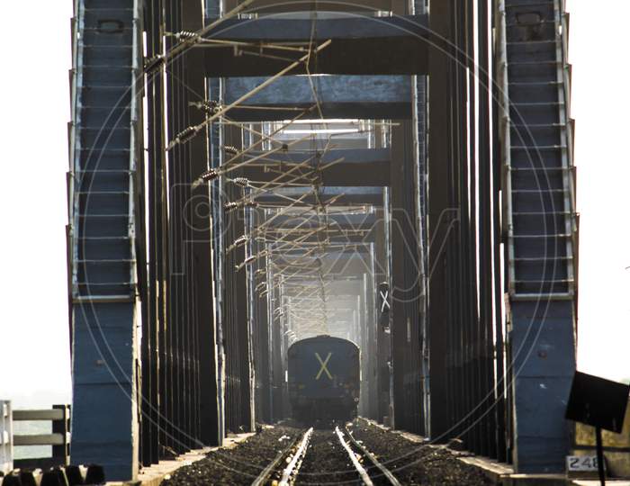 Railway Track Line At Rajahmundry Arch Bridge Over Godavari River In Rajahmundry