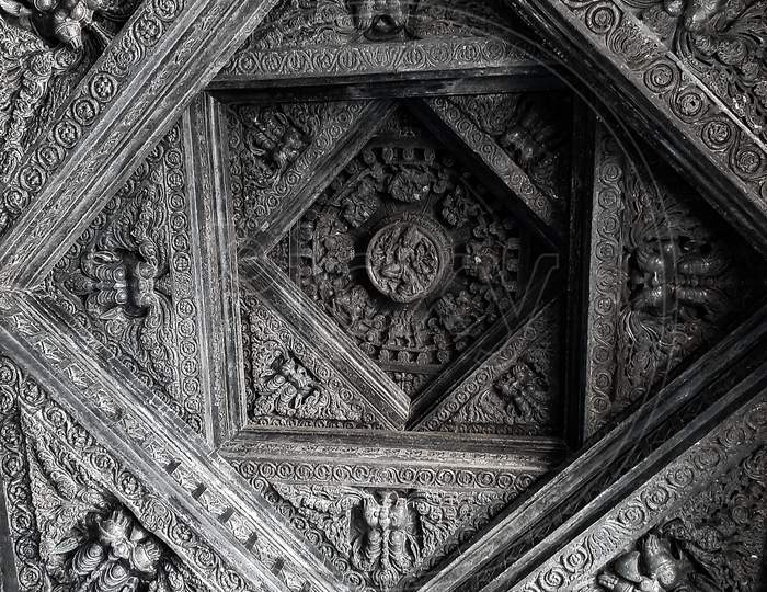 Architecture Of Stone Carvings In an Mandapa Of an Ancient Hindu Temple