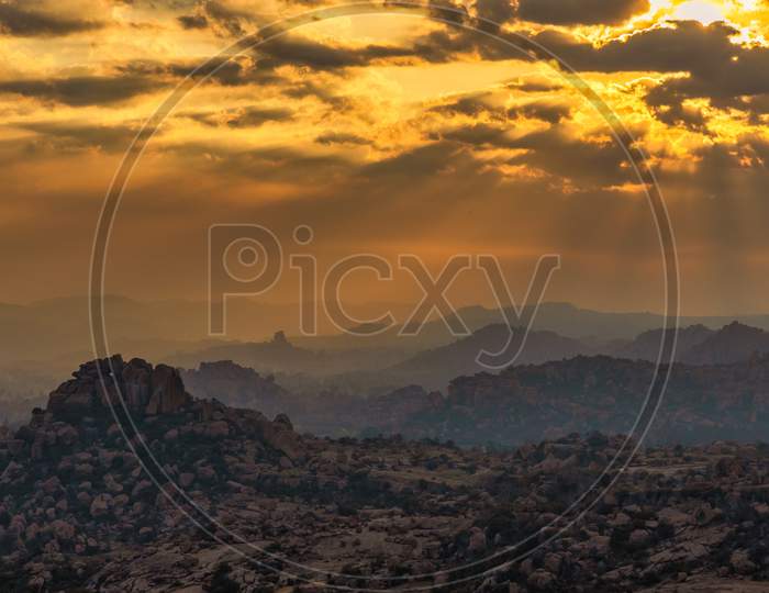 Sunset  Rise Sky With Clouds From  Matanga Hill Top , Hampi