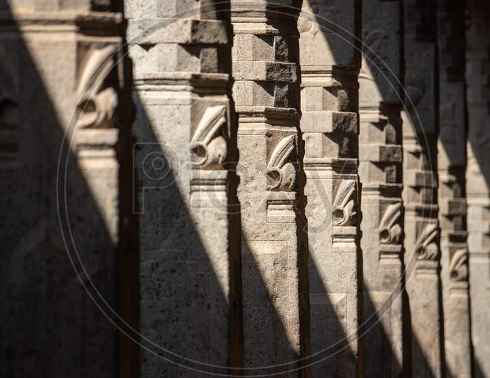 Stone Carved Pillars in An Ancient Hindu Temples