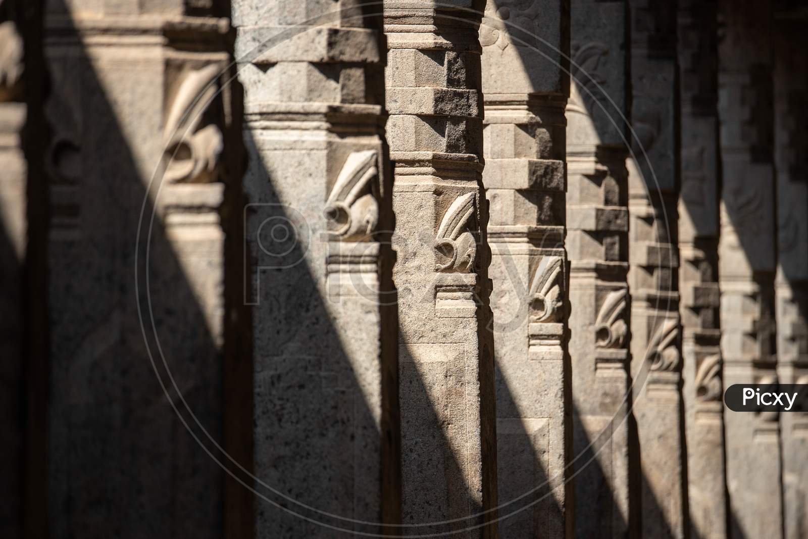 Stone Carved Pillars in An Ancient Hindu Temples