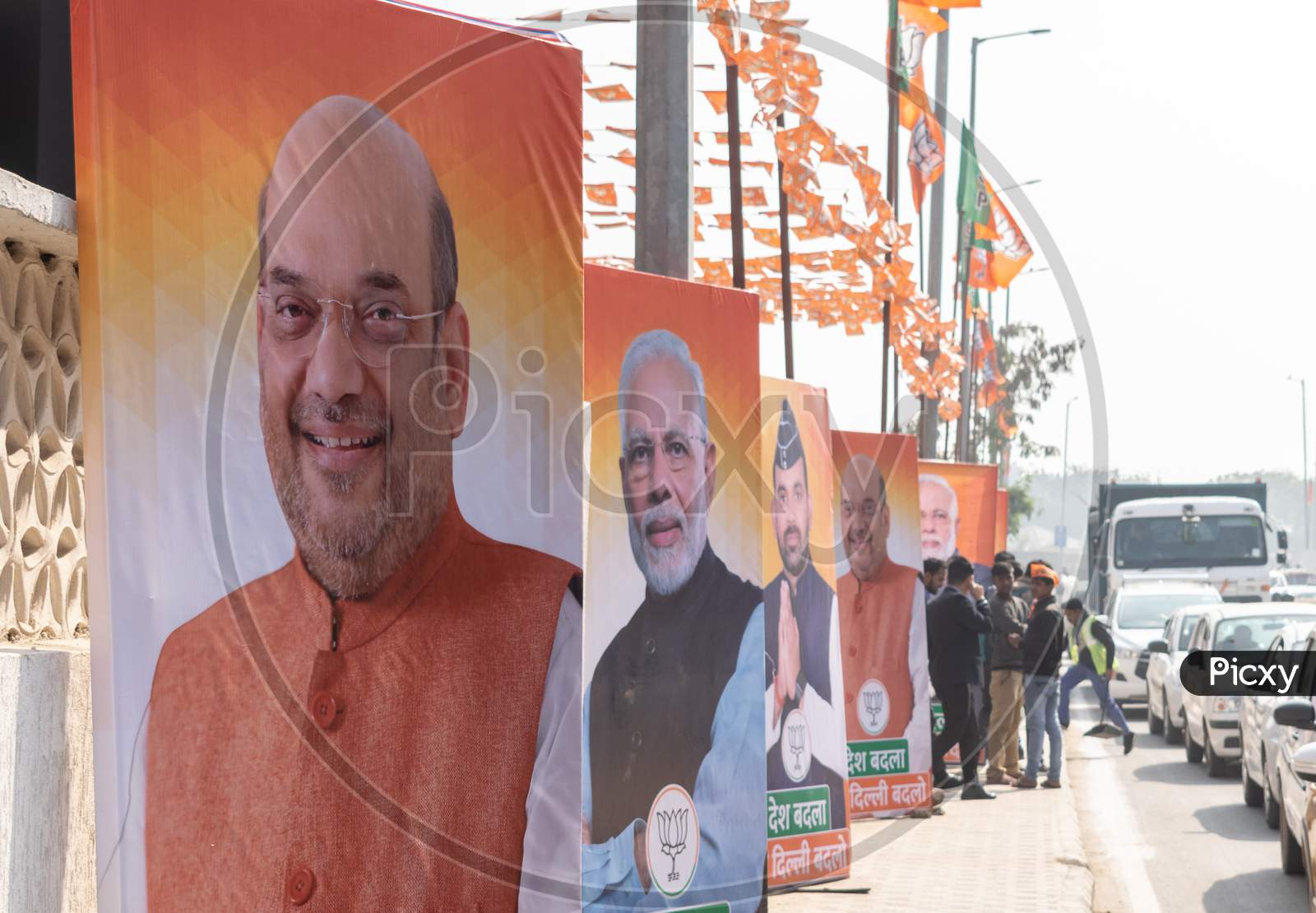 Pictures of Amit Shah and Narendra Modi on hoardings during Bharatiya Janata Party BJP campaign for Delhi Assembly Election 2020