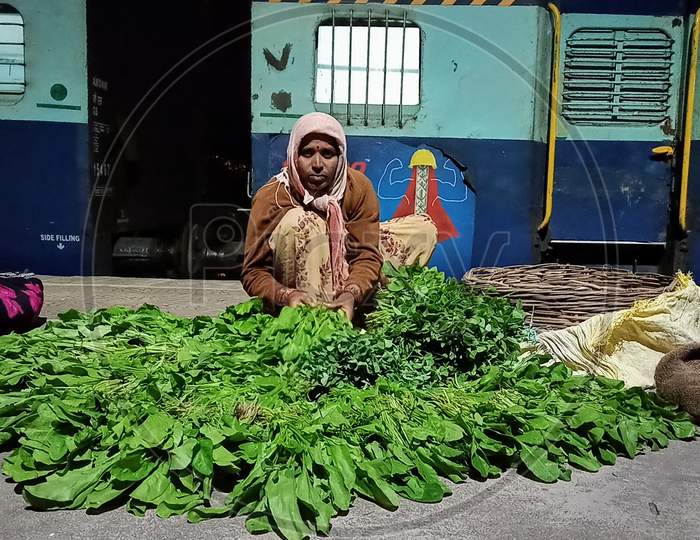 Leaf Vegetable Vendor In Masaipet Railway Station Telangana