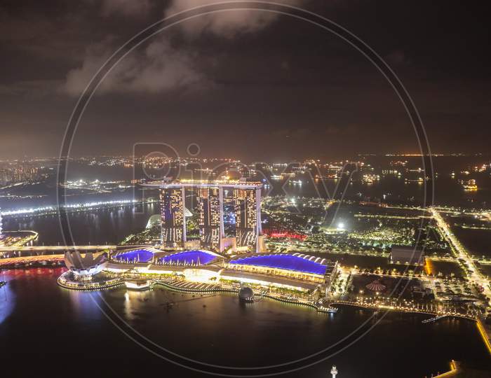 Aerial View Of Marina Bay Sands With Night Cityscape  During  New Year Celebrations  In Singapore