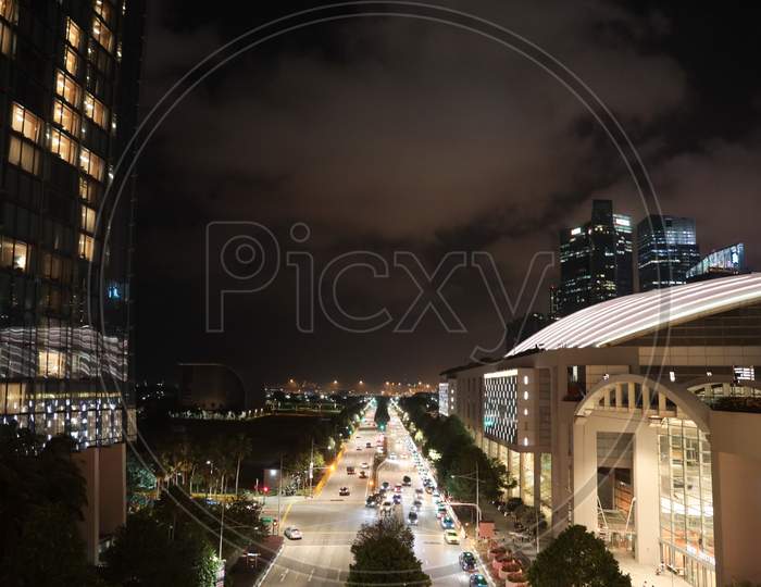 View Of Urban City Road In Night Lights In Singapore