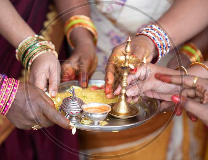 Mangala haarathi, South Indian Wedding Rituals With Dias On Brass Plates  At Wedding Ceremony