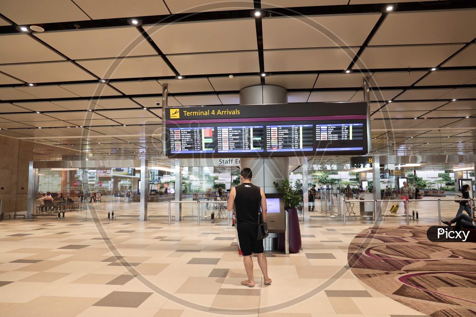 Terminal 4 Arrivals Board At Changi Airport, Singapore