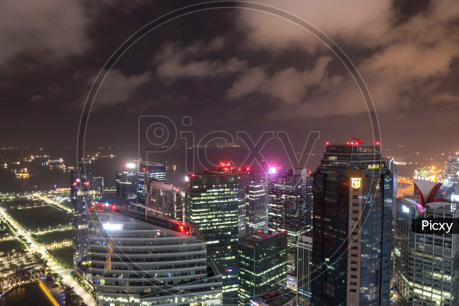 Singapore Urban City  Night Cityscape With Night Lights And Buildings