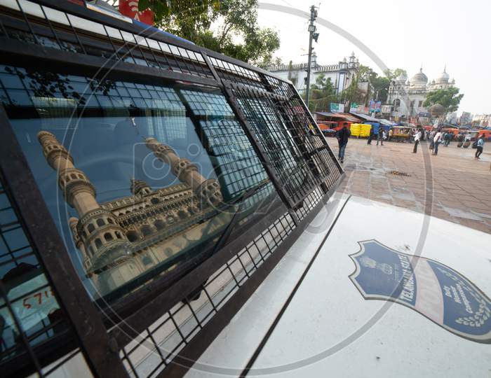 Reflection Of Charminar On Hyderabad Police Vehicle Glass
