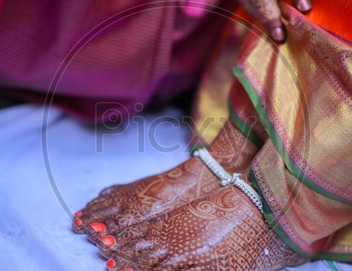 South Indian Wedding Rituals With Bride  Legs  Makeup Closeup  At Wedding Ceremony