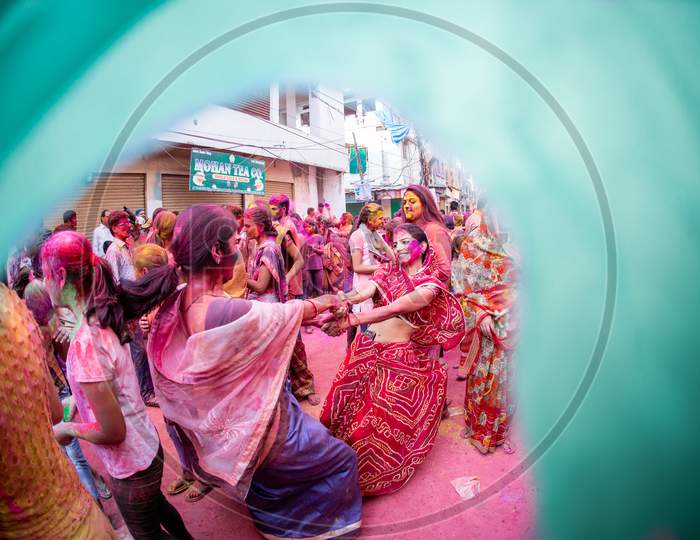 View of Indian girls celebrating Holi