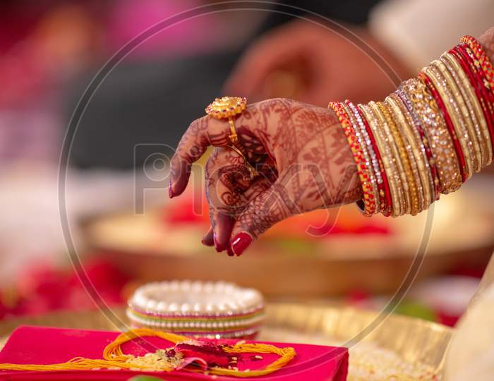 South Indian Wedding Rituals With Bride  Hands  Closeup At an Wedding Ceremony