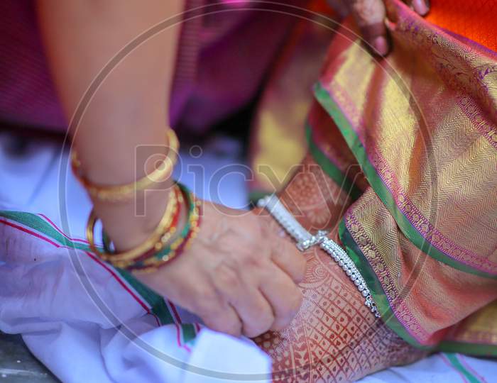 South Indian Wedding Rituals With Bride  Legs  Makeup Closeup  At Wedding Ceremony
