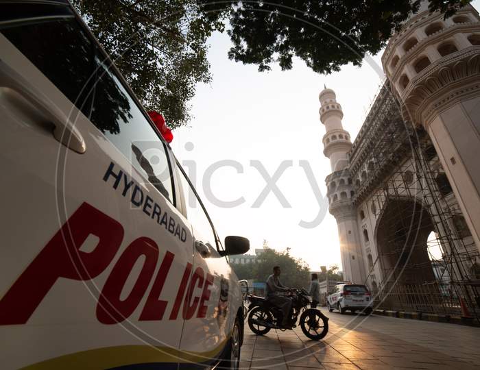 Hyderabad Police Vehicle At Charminar