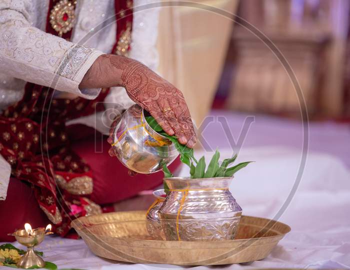 South Indian Wedding Rituals With Bride  And Groom  Hands  Closeup At an Wedding Ceremony