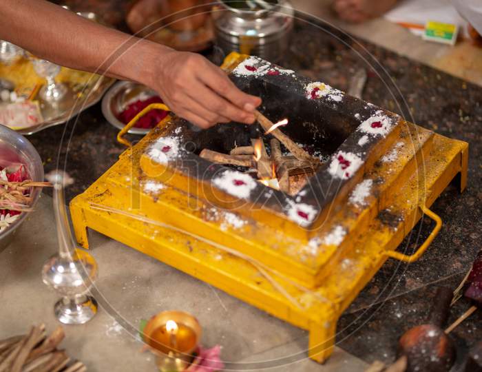 Priest Performing Homam  At an South Indian Wedding As Ritual