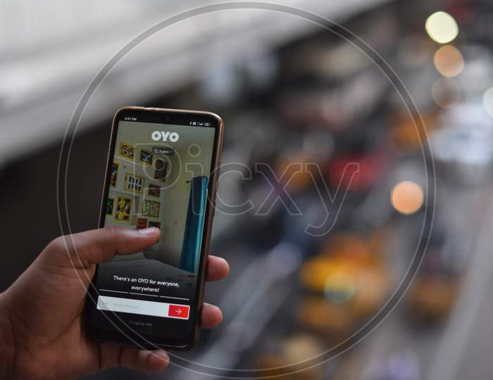 A Cellphone display showing  OYO Rooms app