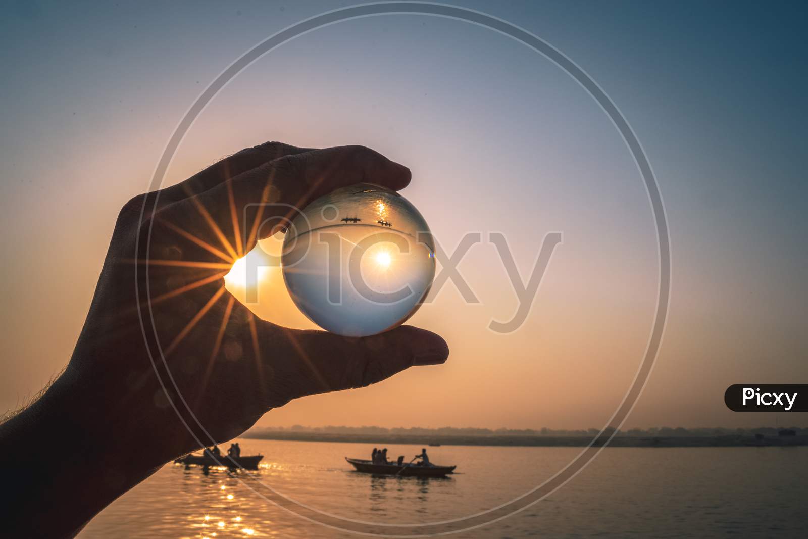 Lens Ball With an River Channel With Boats