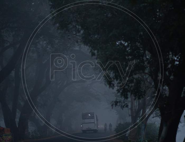 Bus moving along the foggy road