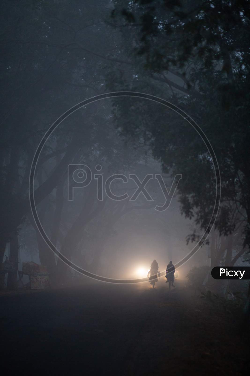 Village riding bicycle during foggy morning