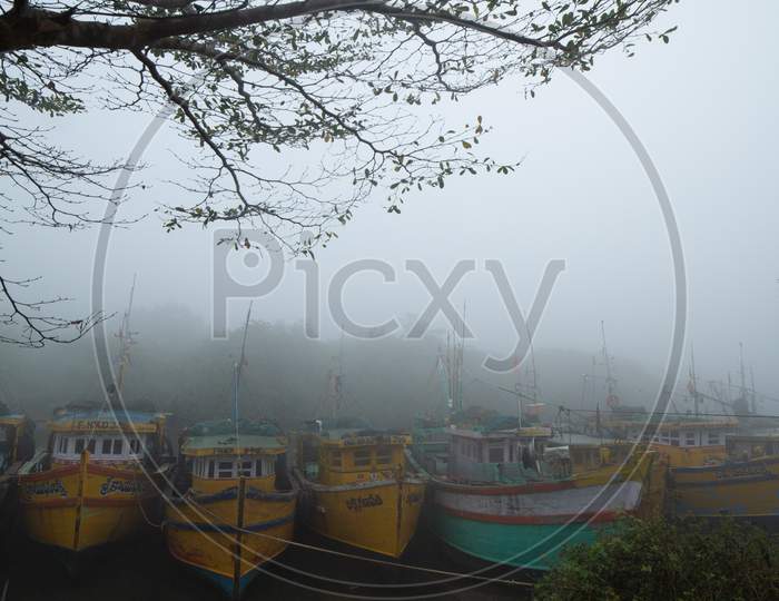 Boats covered in Fog in Palakollu