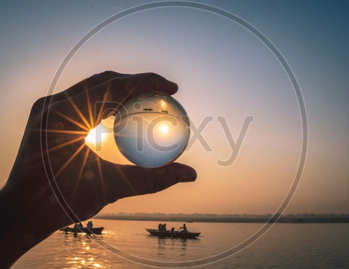 Lens Ball With an River Channel With Boats
