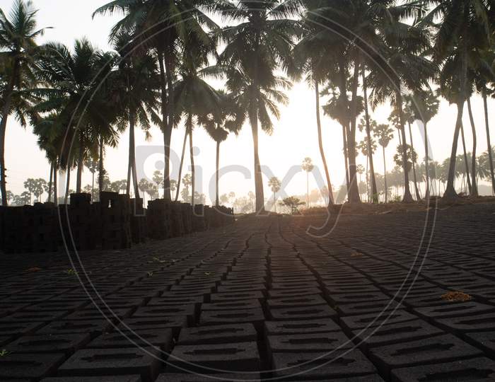 View of bricks during sunrise