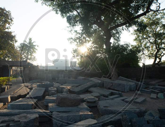 View of Stone blocks inside the Thousand Pillar Temple, Warangal