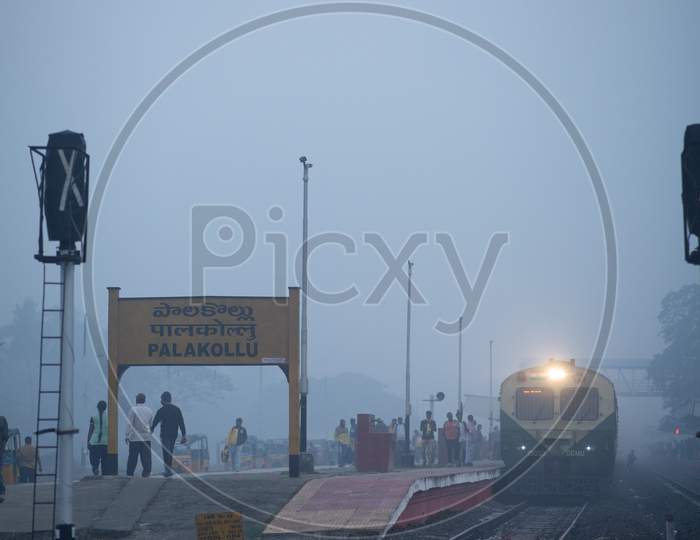 Landscape of Palakollu Railway Station during fog