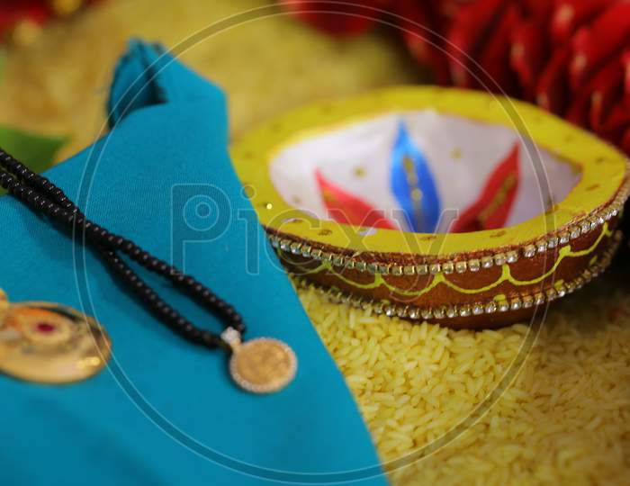 South Indian Bride engagement accessories during wedding puja