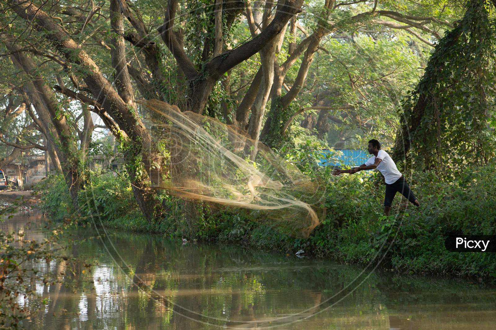 A Fisherman Throwing Fishing Net In an Water Channel