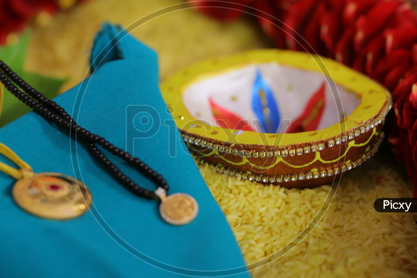South Indian Bride engagement accessories during wedding puja