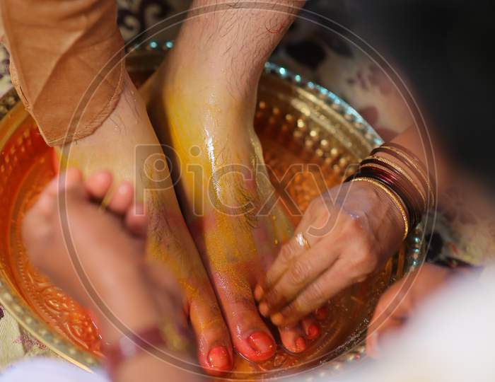Indian Bride Groom legs during Puja