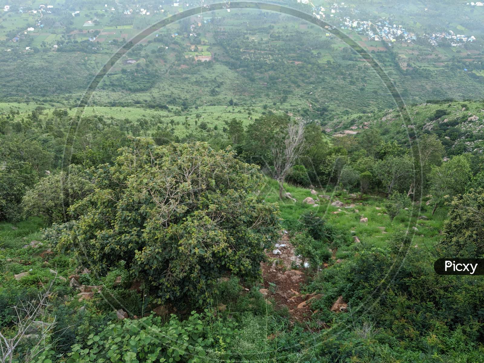 Aerial view of boulder hill with vegetation
