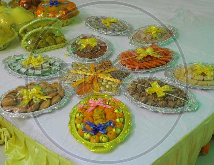 View of Sweets and Fruits during wedding ceremony