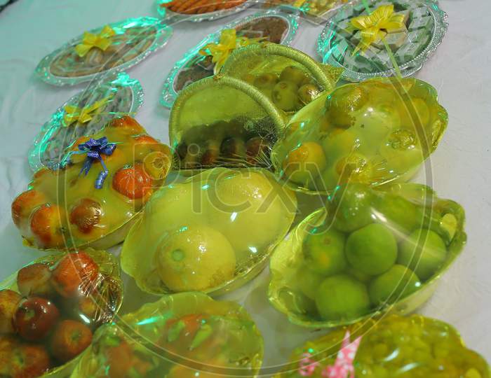 Fruits and sweets during Engagement Ceremony