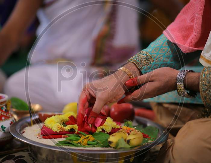 Indian bride groom during mangalsutra puja