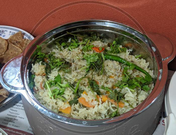 Indian Vegetable Pulav served in a dish