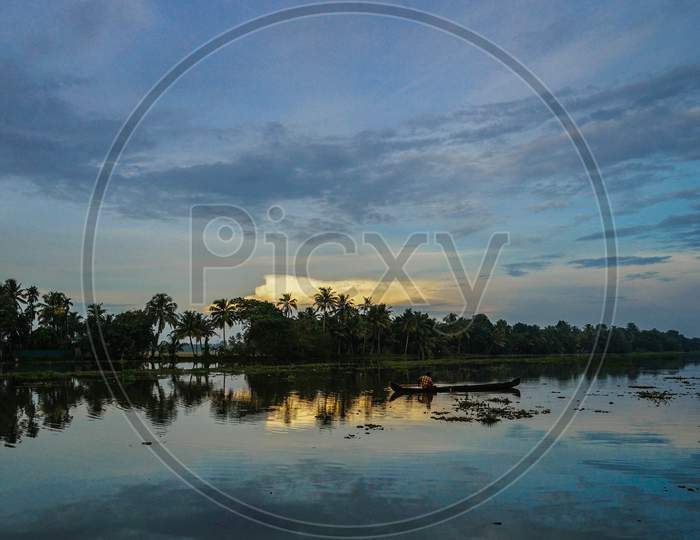 Landscape of backwaters of Kerela during sunset