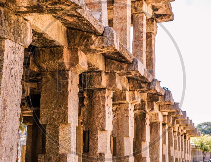 Ancient pillars of Hazara Rama Temple in Hampi