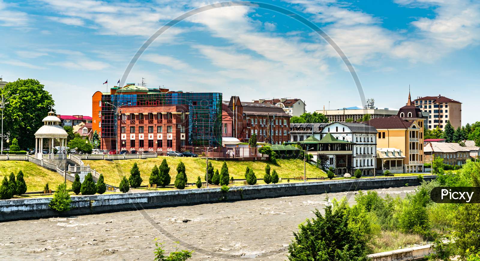 Cityscape Of Vladikavkaz With The Terek River In Russia