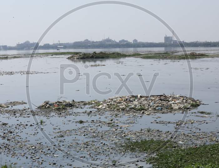 Floating Plastic Garbage In Hussain Sagar Lake