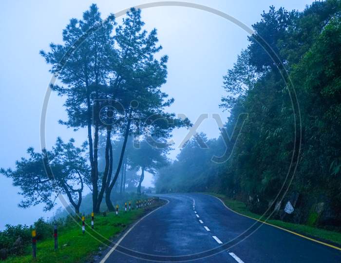 Landscape of a foggy highway