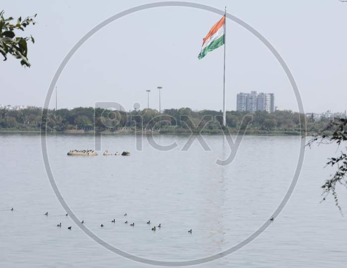 Big Indian National Tri Colour Flag At Husain Sagar Lake