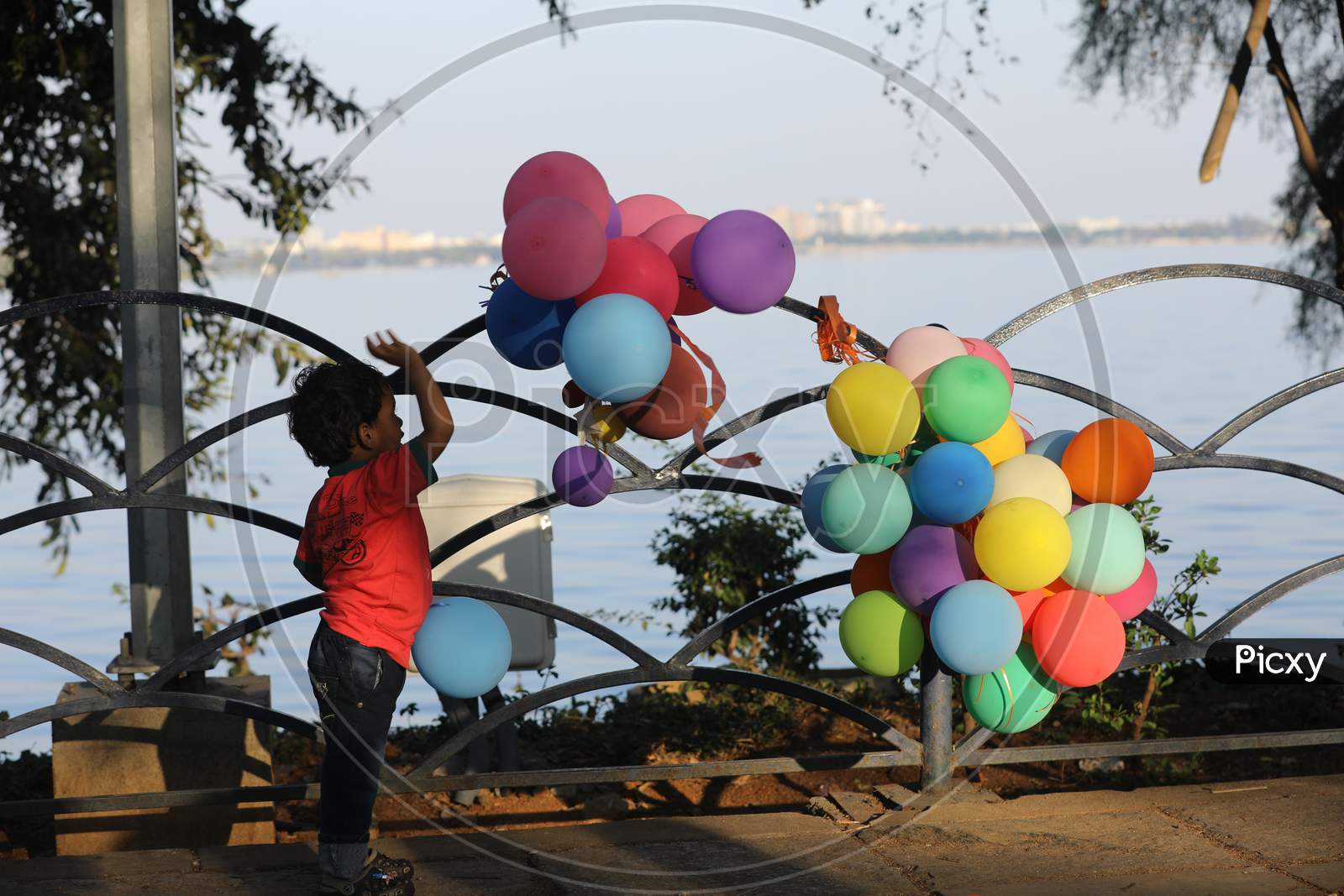 Indian Boy Playing With Colourful Balloons At a Lake Front