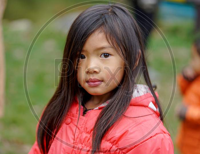 Portrait of Nepalese little girl with long hair