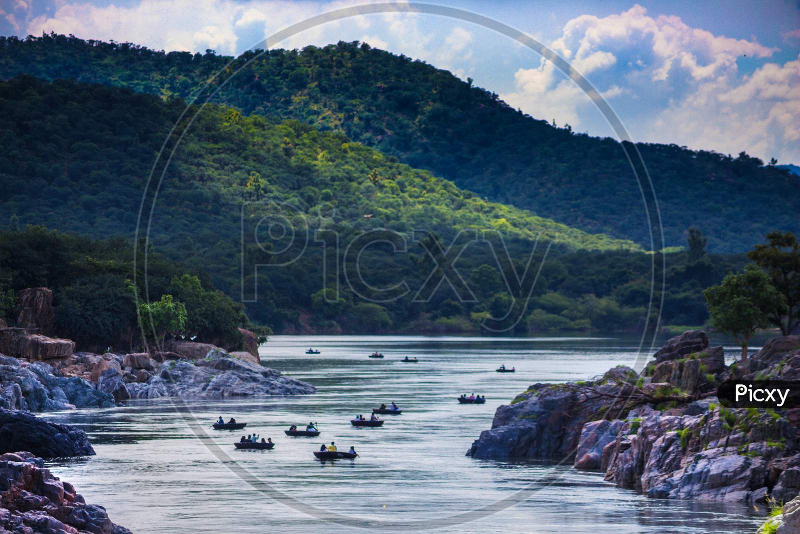 View of Hills and the Boat ride at Hogenakkal Water falls