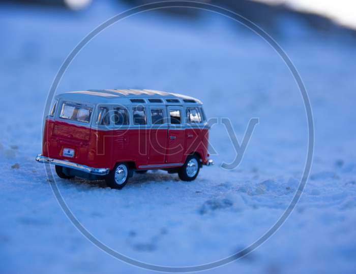 Travelers choice of Volkswagen van scale model at snow