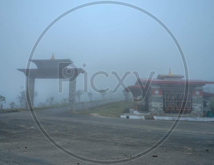 A Foggy morning by the entrance arch